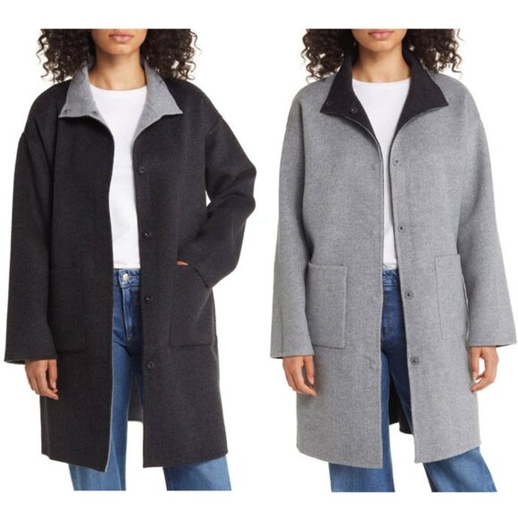 Eileen Fisher Reversible Wool & Cashmere Coat in Charcoal/ Moon Sz L - Picture 1 of 13